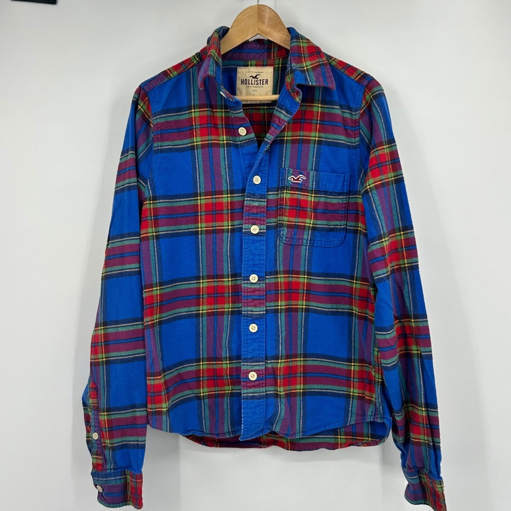 Hollister Mens Flannel Shirt Large Blue Red Plaid Long Sleeve Button Down Cotton